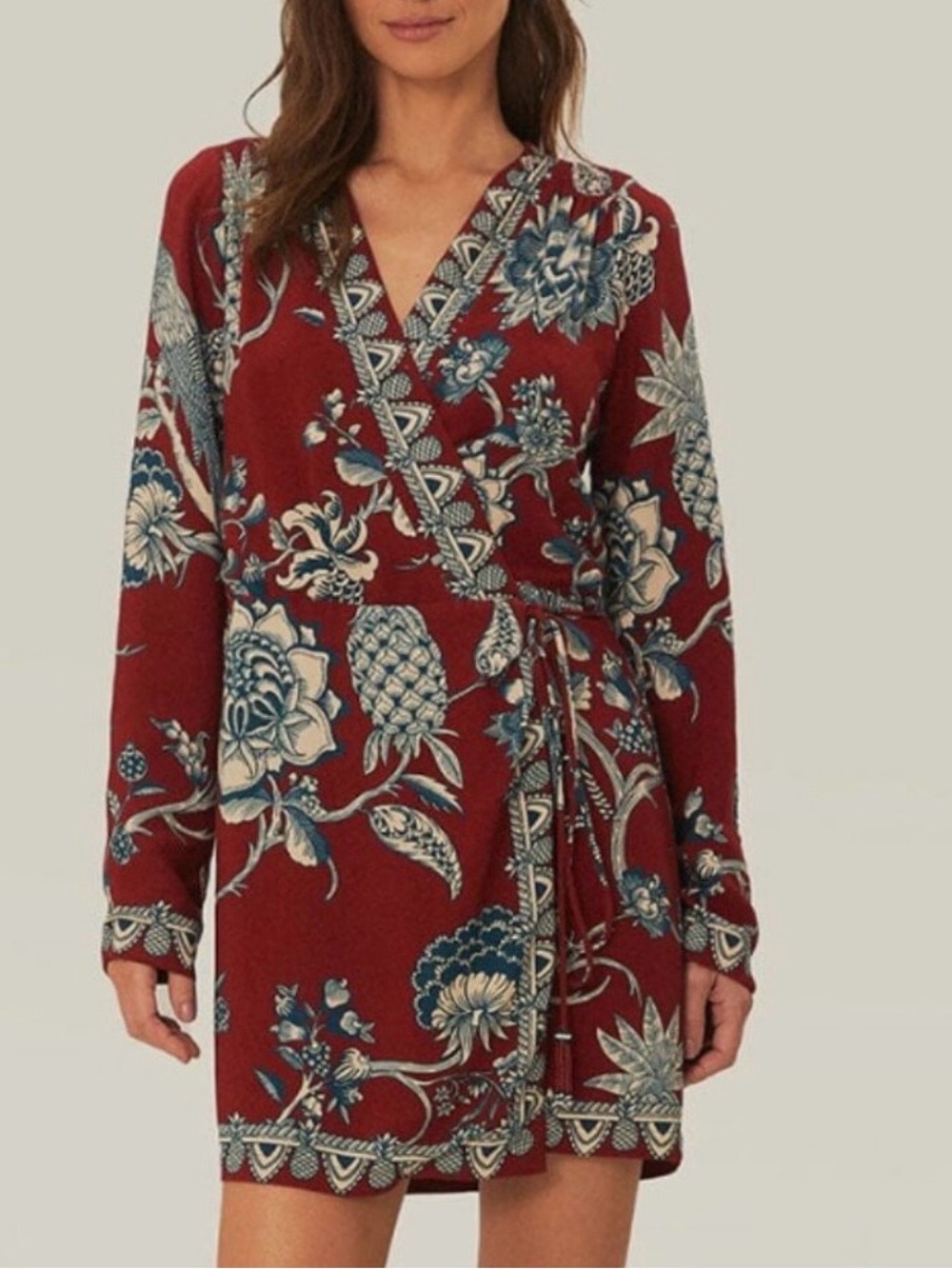 FARM Rio Burgundy Floral Wrap Robe with Blue and Cream Prints